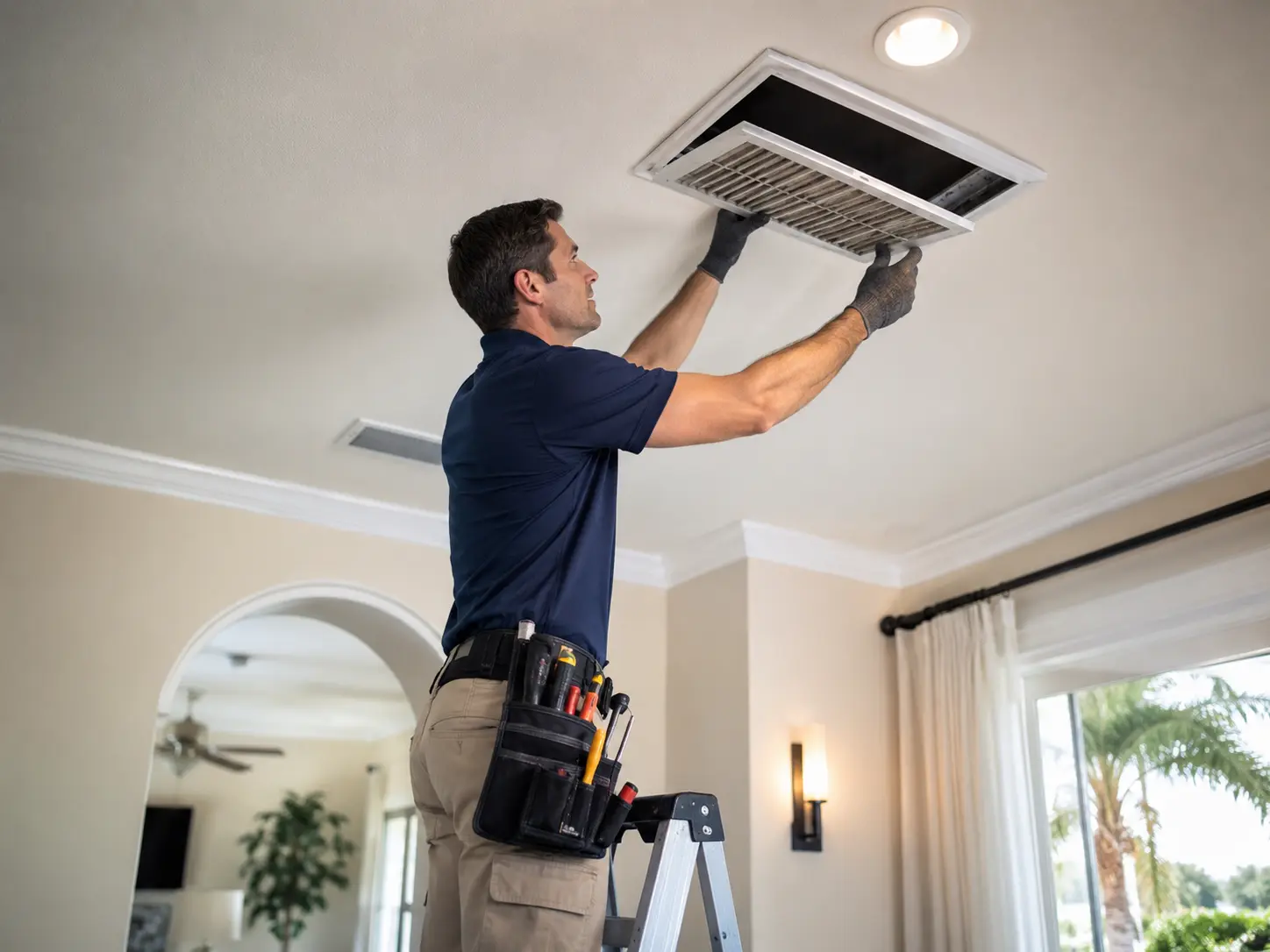 Technician removing a ceiling return grille to inspect airflow and filter condition in an Orlando home