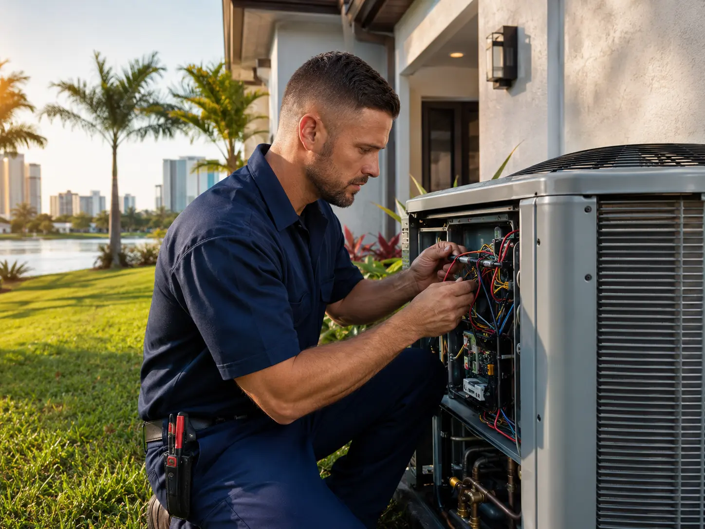 Technician inspecting electrical components inside an outdoor AC condenser at an Orlando home