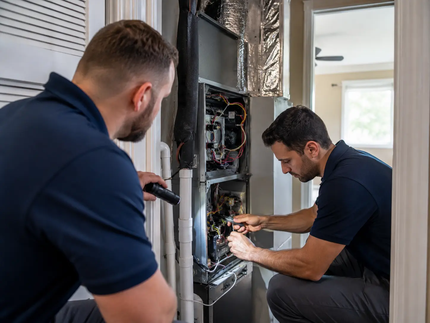 Two technicians diagnosing an indoor air handler and its wiring during an AC service visit