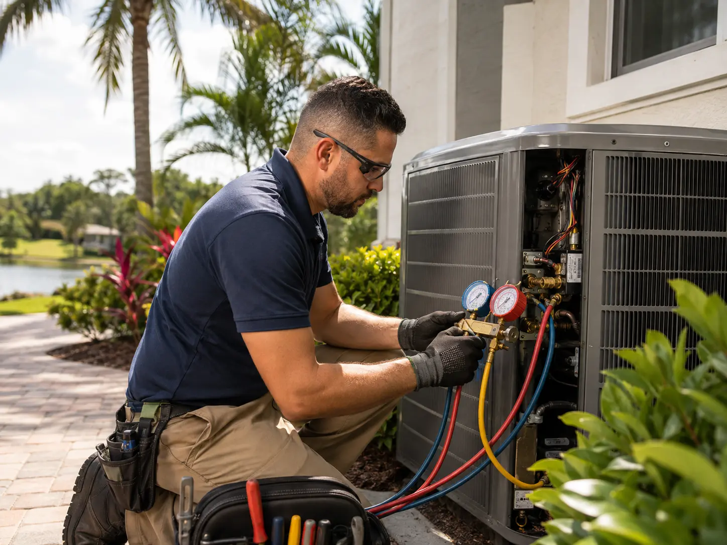 Technician connecting manifold gauges to an outdoor AC unit to check refrigerant pressures